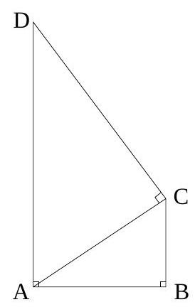 A geometric diagram showing points A, B, C, and D with AB and BC both perpendicular to AB, and CD perpendicular to AC. Right angles are marked at B, C, and D.