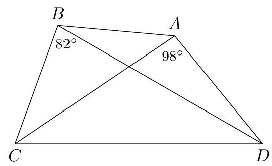 A quadrilateral ABCD with diagonals intersecting, angles 82 degrees at B and 98 degrees at A are marked.