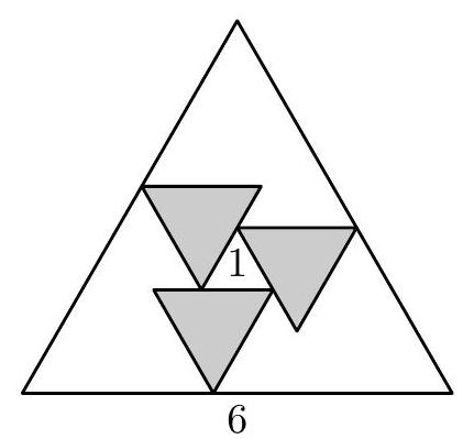 An equilateral triangle with side length 6 containing three smaller congruent shaded equilateral triangles and a central unshaded equilateral triangle with side length 1.