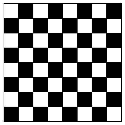 An 8 by 8 chessboard with alternating black and white squares, representing a standard chessboard layout.