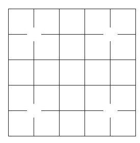 A 6 by 6 grid with four points, (1,1), (1,4), (4,1), and (4,4), marked by small circles or gaps to indicate forbidden points.