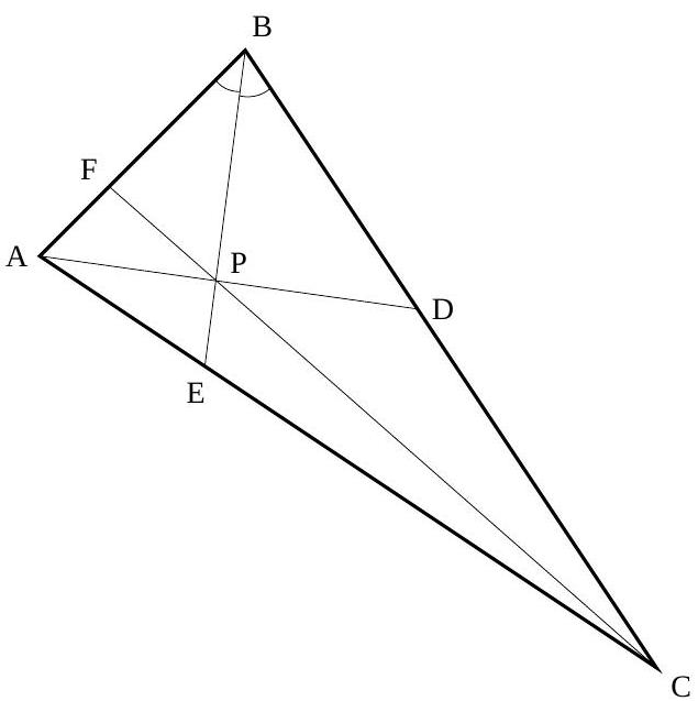 A triangle ABC with point P inside; lines AP, BP, and CP intersect the sides at points D, E, and F, respectively, all labeled.