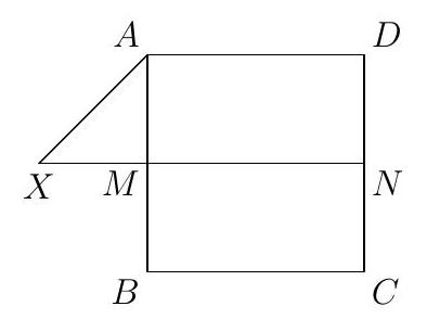 A unit square ABCD with point X outside the square, and line segments XA and XM drawn. M and N are the midpoints of AB and CD, respectively.