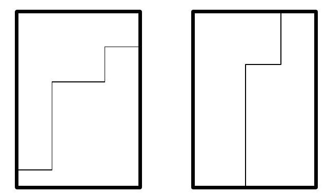 Two rectangles, each divided by a path consisting of horizontal and vertical segments from one edge to the opposite edge, illustrating possible termite paths dissecting the rectangle.