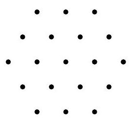 A hexagonal grid of 19 black dots arranged in a hexagon pattern, representing points for the problem.