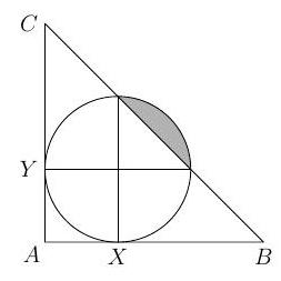 A right triangle ABC with a circle tangent to sides AB and AC at points X and Y; the shaded region shows the portion of the circle outside the triangle.