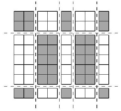 An 8 by 8 grid with several vertical and horizontal dashed lines indicating possible cuts, and alternating black and white rectangles formed by these cuts.