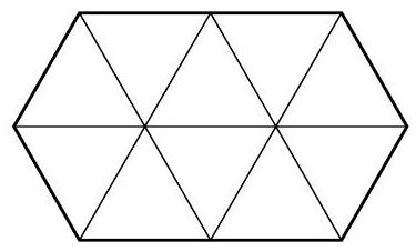 A hexagonal bar divided into 10 small equilateral triangles by internal edges, illustrating the structure of the chocolate bar described in the problem.