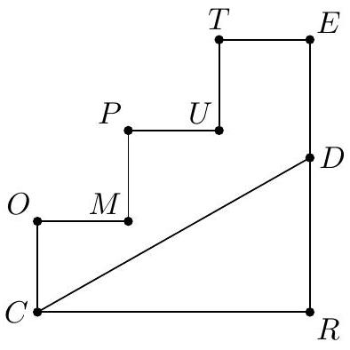 A labeled octagon with vertices C, O, M, P, U, T, E, R, and an additional point D on segment RE. The segments CO, OM, MP, PU, UT, and TE are each marked as length 1.