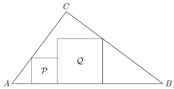 A triangle ABC with two squares, labeled P and Q, both having one side on AB and each touching either AC or BC, illustrating the geometric configuration described in the problem.