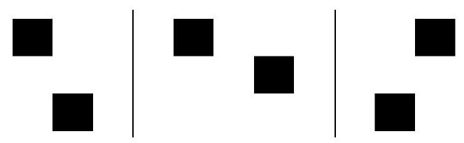 Three pairs of black squares on a grid, each pair separated by a knight's move, illustrating dominoes of type (1,2).
