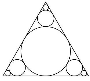 An equilateral triangle with a large incircle and three smaller circles tangent to the incircle and the sides, plus three even smaller circles tangent to the previous circles and two sides of the triangle.