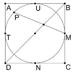 A square with an inscribed circle. Points A, B, C, D are the square's vertices; U and T are points on the circle near AB and AD; P is the midpoint of chord TU; M and N are points on the circle near BC and CD. Chords TU and MN intersect inside the circle.