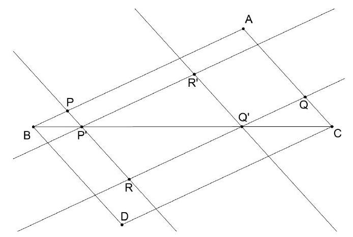 A geometric diagram showing quadrilateral BCDC with points A, B, C, D, and additional points P, P', Q, Q', R, and R' marked. Several lines are drawn parallel to triangle sides, illustrating the construction described in the problem.