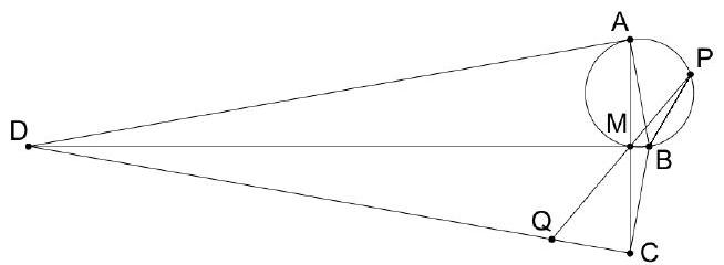 A geometric diagram showing quadrilateral ABCD with right angles at A and C, diagonals AC and BD intersecting at M, a circle through A, M, B with point P on the circle, and point Q on segment CD such that P, M, Q are collinear.