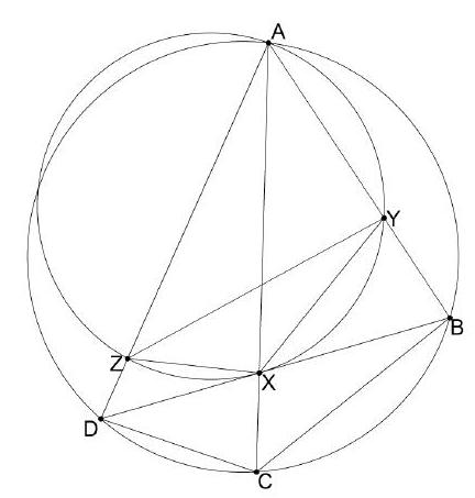 A cyclic quadrilateral ABCD with diagonals intersecting at X. A circle passing through A, tangent to BD at X, intersects AB at Y and AD at Z.