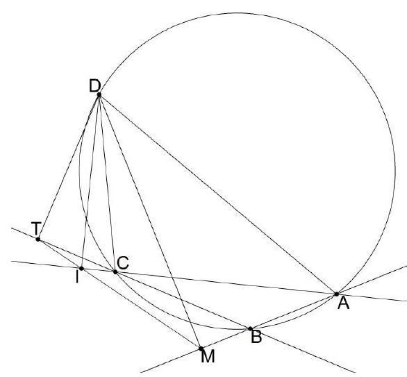 A cyclic quadrilateral ABCD inscribed in a circle, with perpendiculars from D to lines AB, AC, and BC meeting at points M, I, and T respectively. The points and relevant lines are clearly labeled.