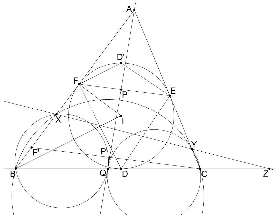 A labeled geometric diagram showing triangle ABC with incircle tangent at D, E, F; points P, Q, X, Y, Z, D', F', and circles through B and C tangent to AQ at Q are also shown, with various lines and intersections marked.