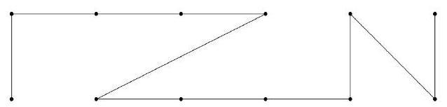 A grid of points forming two vertical columns from (0,0) to (0,5) and (1,0) to (1,5), with two example paths drawn connecting the bottom left to the top right, illustrating possible routes.
