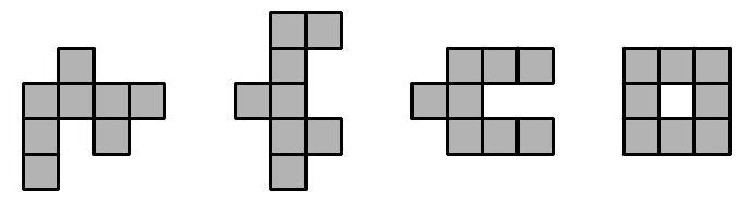 Four distinct 8-ominoes, each shown as a connected arrangement of eight shaded unit squares on a grid.
