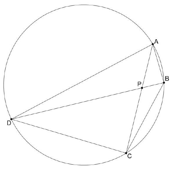 A cyclic quadrilateral ABCD inscribed in a circle, with diagonals AC and BD intersecting at point P.